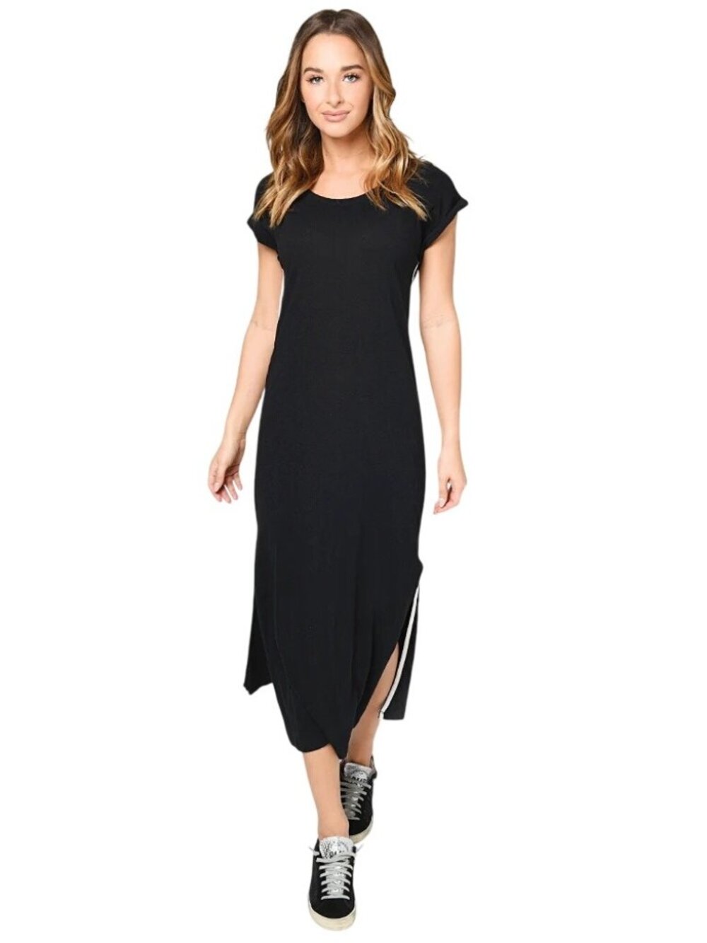 Z Supply Sonora Dress Medium Side Stripe Round Neck Short Sleeve Side Slit Cotto